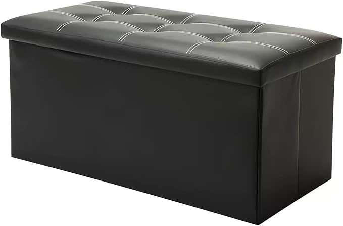 Foldable Storage Ottoman Bench with Padded Seat – Black, 76 × 38 × 38 cm