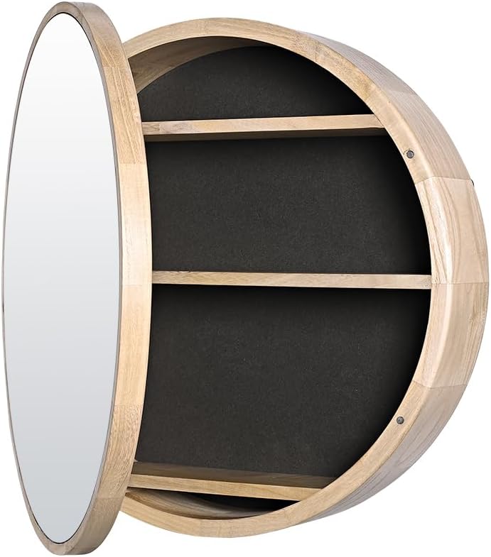 600mm Round Oak-Look Bathroom Mirror Cabinet with 3 Shelves