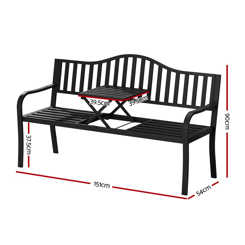 151 cm 3-Seat Garden Bench with Hidden Centre Table – Black