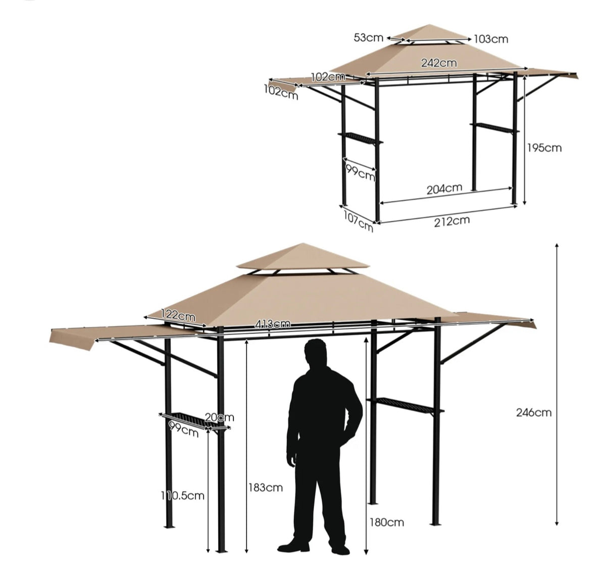 Outdoor BBQ Grill Gazebo with Adjustable Side Awnings & Shelves