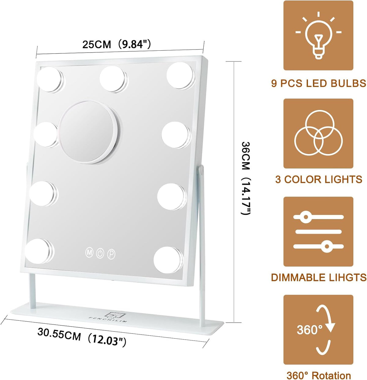 30 cm Hollywood-Style LED Vanity Mirror with 10× Detail Mirror