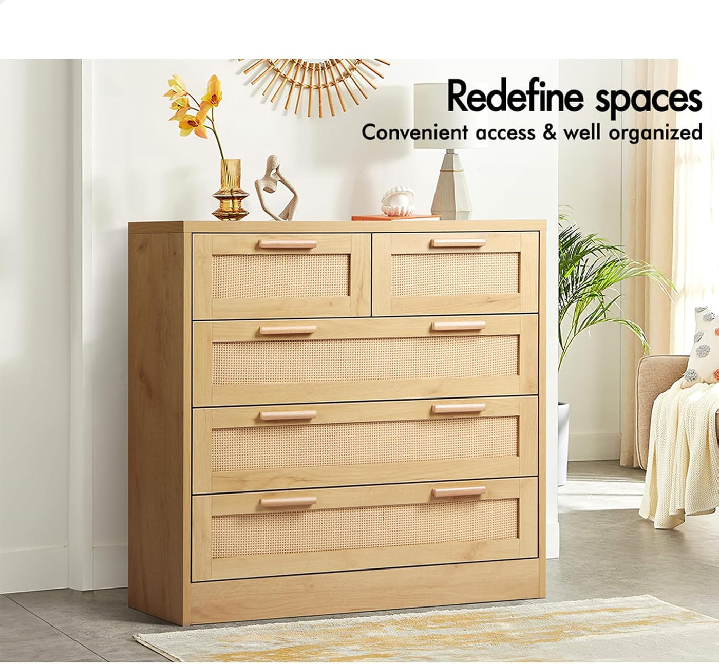 Wood-Finish Rattan Tallboy with 5 Drawers