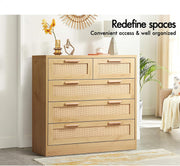 Wood-Finish Rattan Tallboy with 5 Drawers