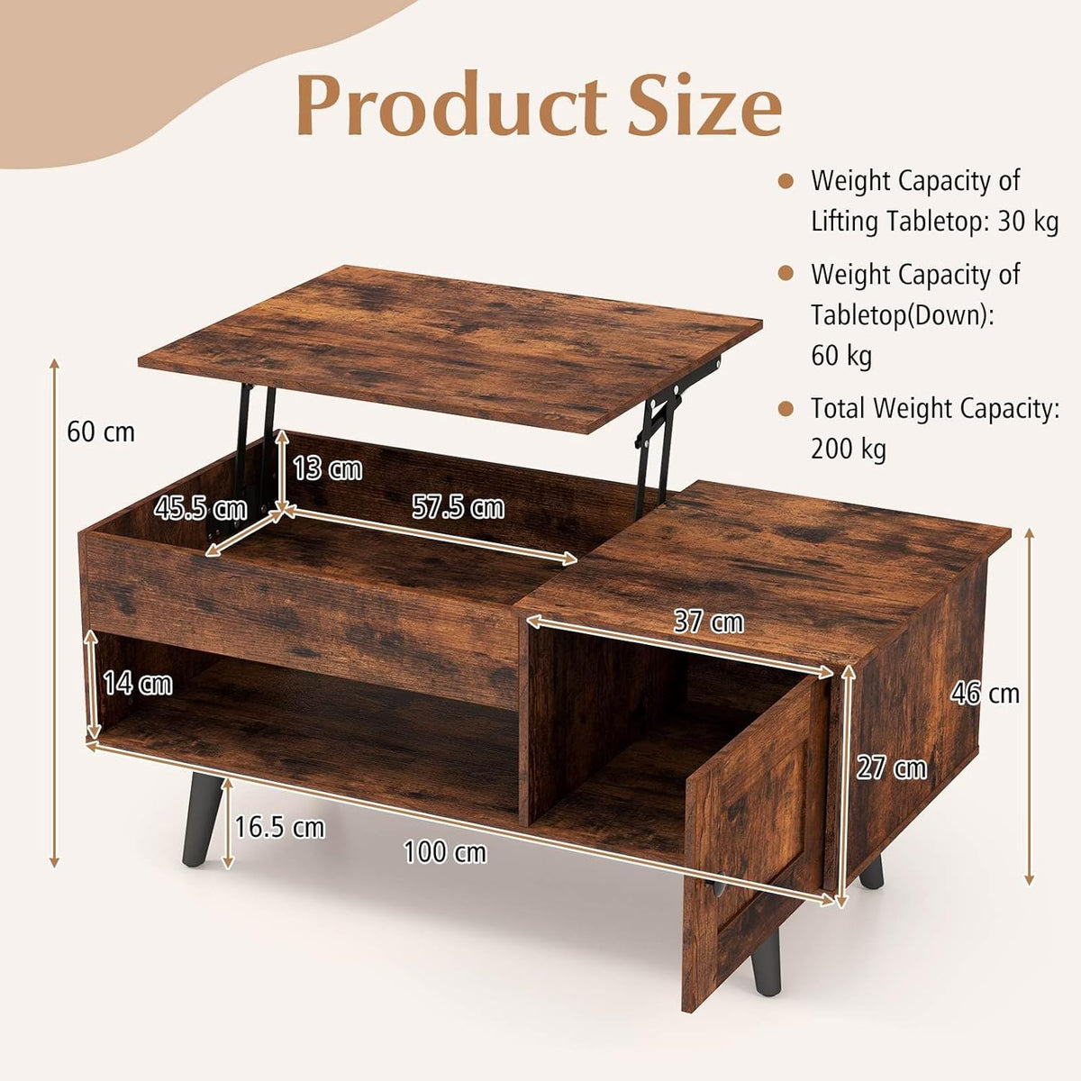 Lift-Top Coffee Table with Hidden Cabinet & Open Shelf