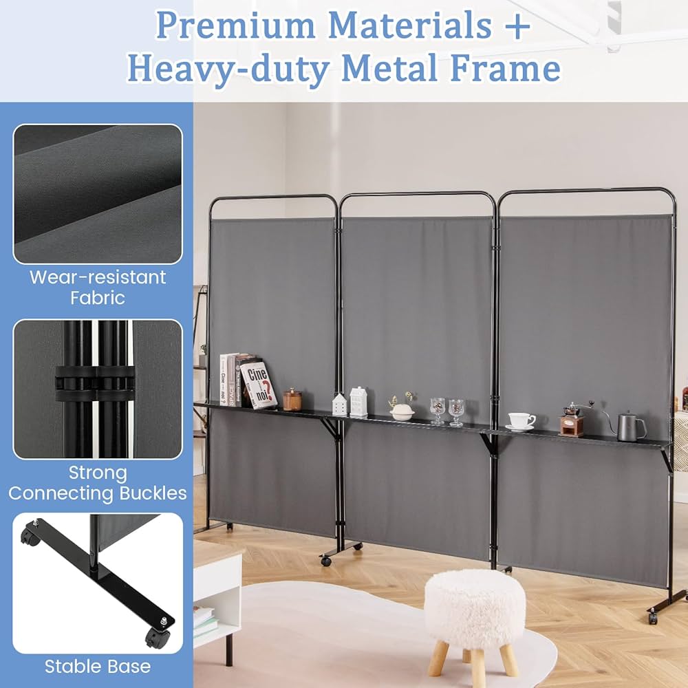 188cm Rolling 3-Panel Room Divider with 3 Shelves – 3 Colours