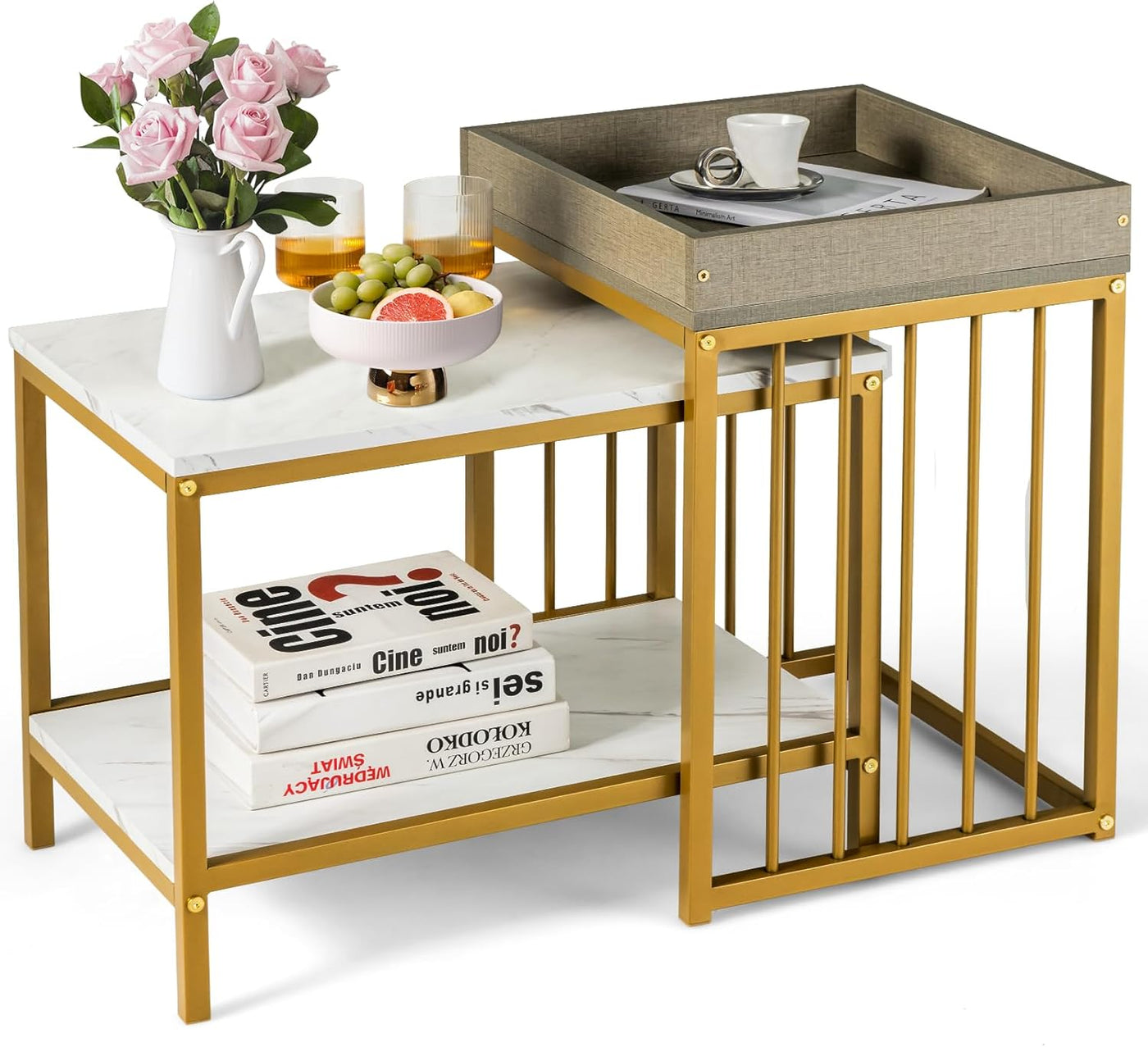 Faux-Marble Nesting Tables with Tray Top – Set of 2