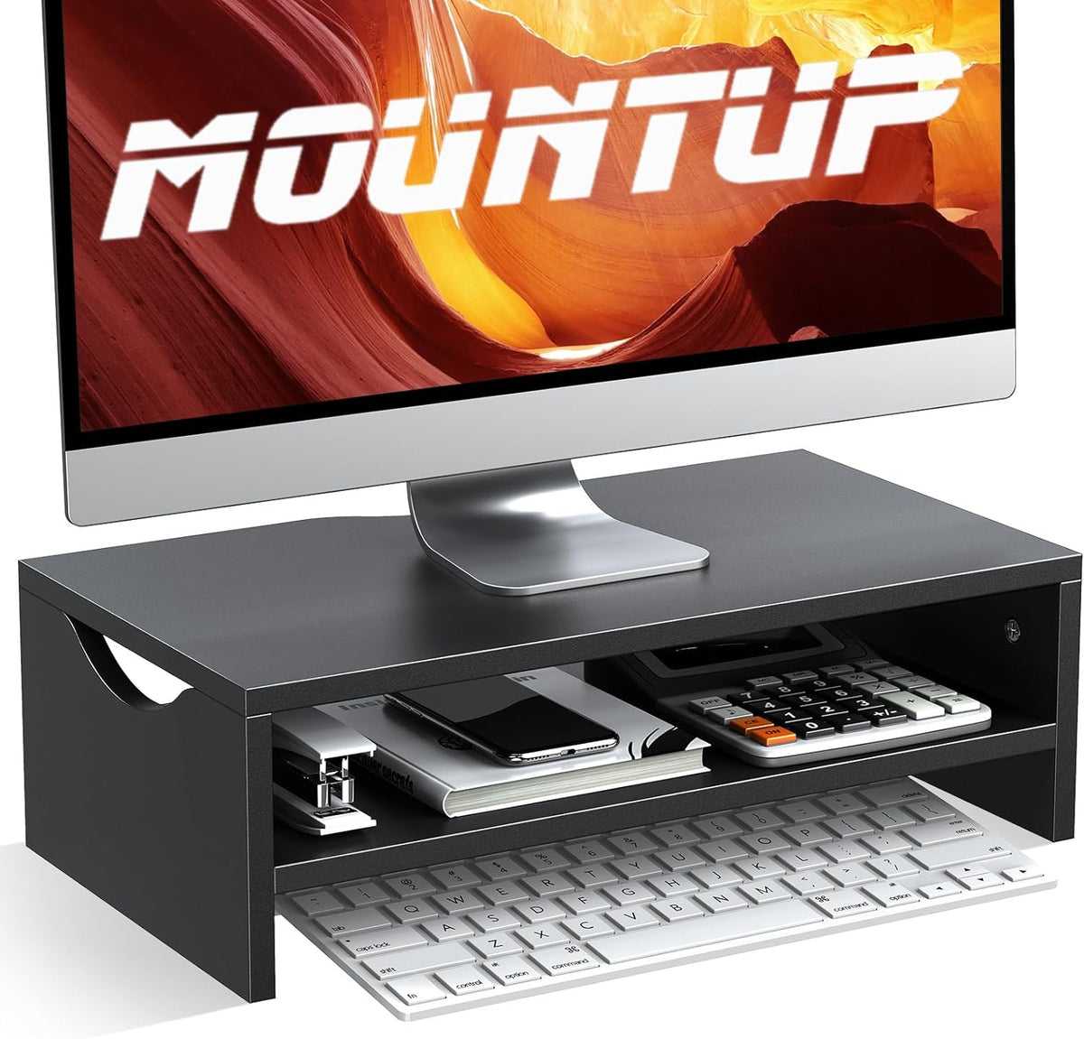 Black 2-Tier Wood Monitor Riser with Keyboard Storage
