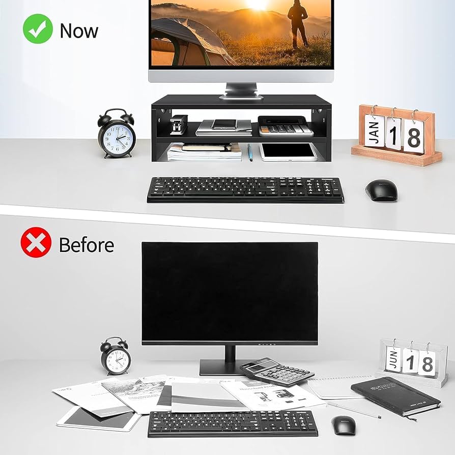 Black 2-Tier Wood Monitor Riser with Keyboard Storage