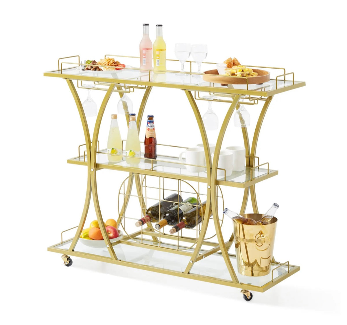 111 cm Gold 3-Tier Bar Cart with 9-Bottle Rack