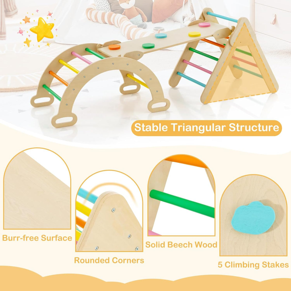 Kids Triangle Climbing Toys Set, 5 in 1 Toddler Wooden Climbing Gym Arch Rocking Playset w/Reversible Ramp for Sliding, Indoor Home Climbing Sliding Set for Boys Girls Colorful