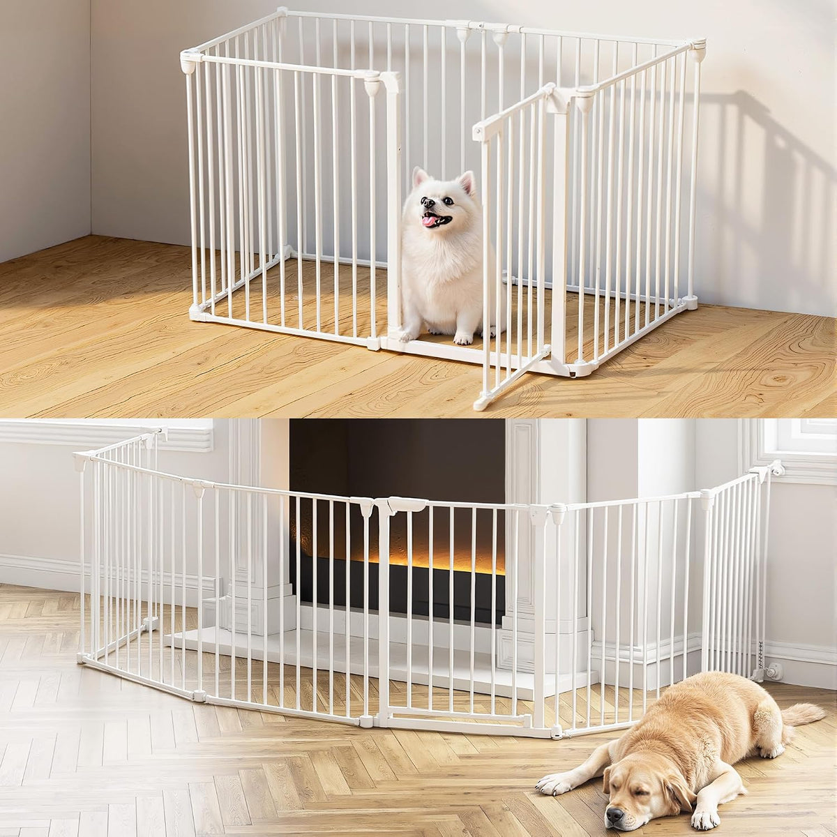 6-Panel Adjustable Metal Dog Gate with Door – 380 × 74 cm, White