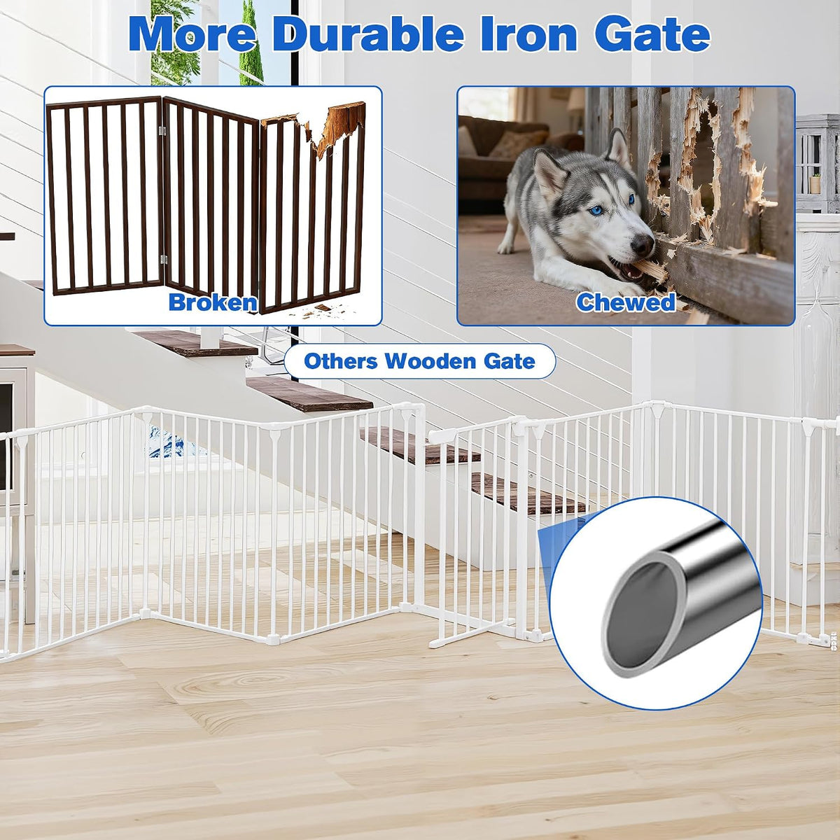 6-Panel Adjustable Metal Dog Gate with Door – 380 × 74 cm, White