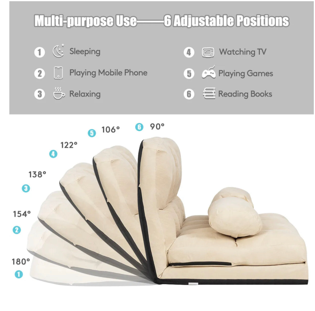 6-Position Foldable Floor Sofa with 2 Pillows