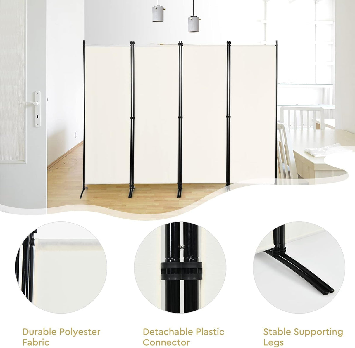 4-Panel Room Divider Folding Privacy Screen Home Office 224 x 171cm Black