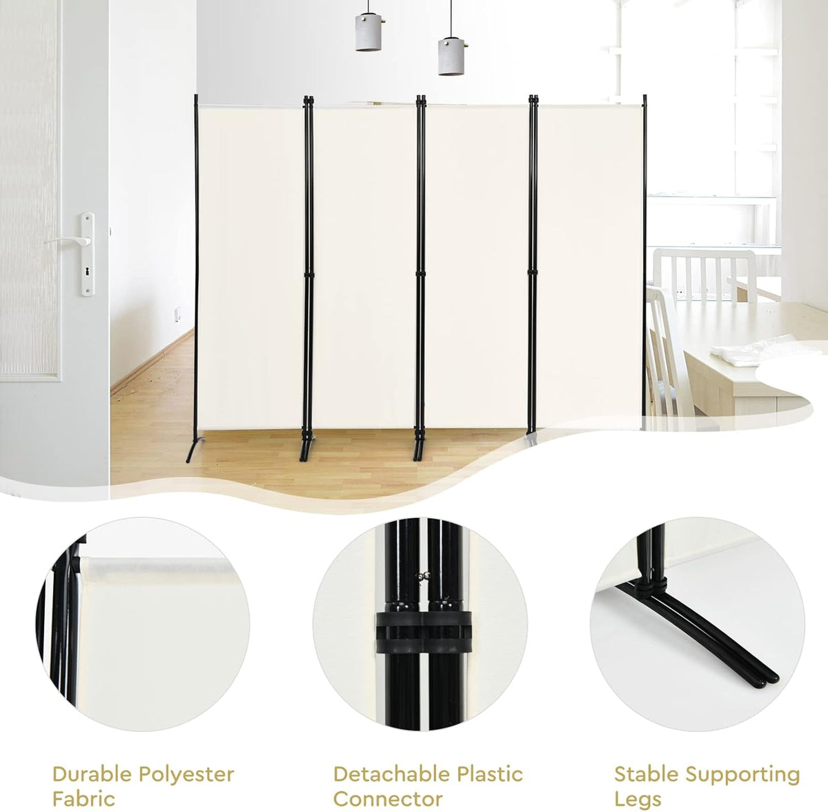 224 × 171 cm 4-Panel Folding Room Divider – Black or White