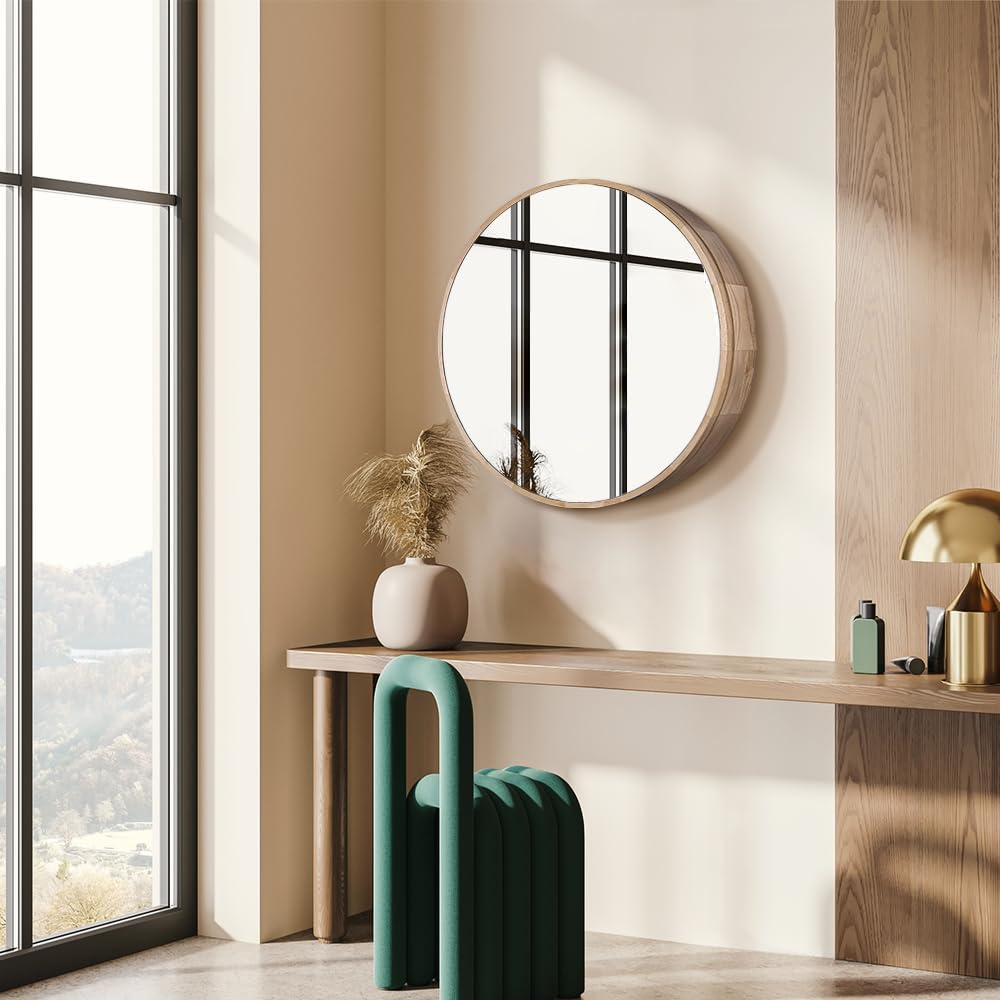 600mm Round Oak-Look Bathroom Mirror Cabinet with 3 Shelves