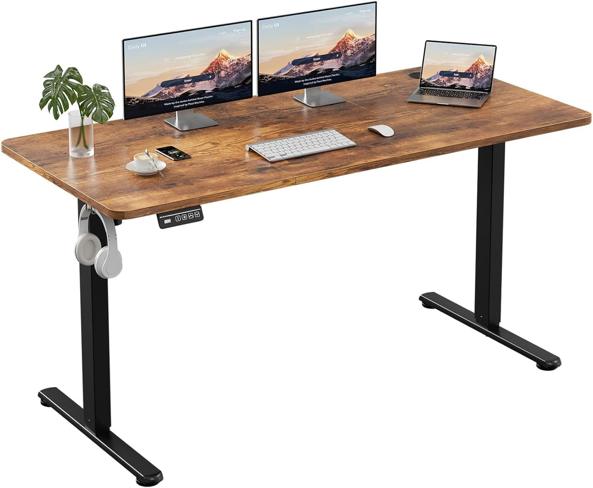 Electric Standing Desk 140x60cm (55.1"x23.6"), Height Adjustable Sit Stand Desk with Hooks, Metal Frame Stand up Desk with Powerful Motor, Ergonomic Computer Desk for Home Office (Brown)