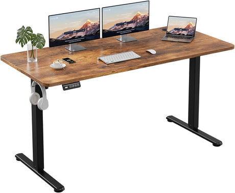Electric Standing Desk 140x60cm (55.1"x23.6"), Height Adjustable Sit Stand Desk with Hooks, Metal Frame Stand up Desk with Powerful Motor, Ergonomic Computer Desk for Home Office (Brown)