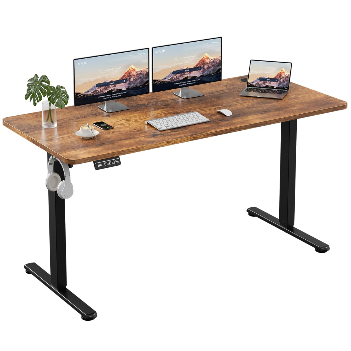 BilySen Electric Standing Desk 140x60cm (55.1"x23.6"), Height Adjustable Sit Stand Desk with Hooks, Metal Frame Stand up Desk with Powerful Motor, Ergonomic Computer Desk for Home Office (White)