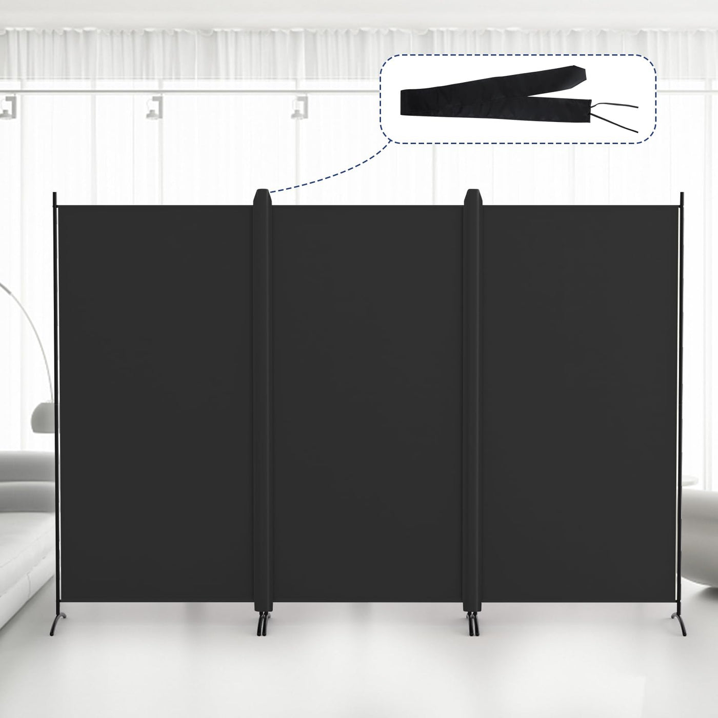 Black 3-Panel Room Divider with Gap Covers – 260 × 180cm