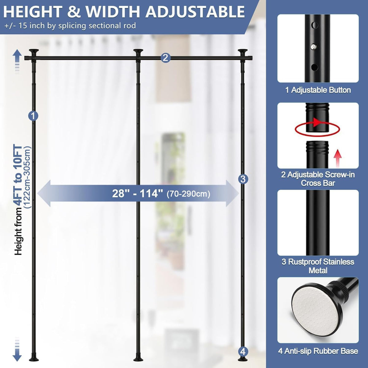 122–305 cm No-Drill Tension Room Divider Rod – 3 Options