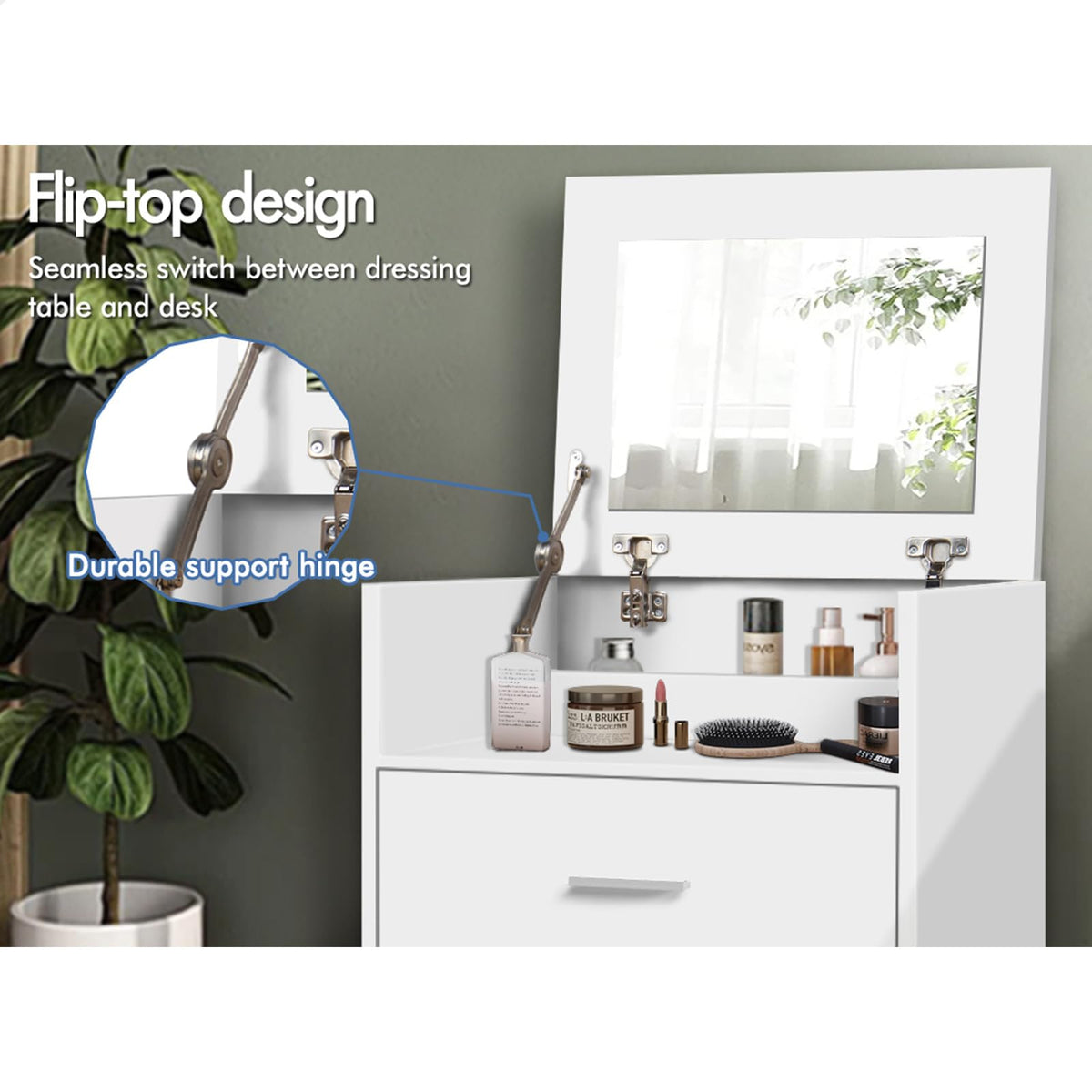 White Fold-Away Vanity Desk with Mirror, 3 Drawers & Hidden Stool