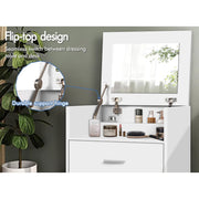 White Fold-Away Vanity Desk with Mirror, 3 Drawers & Hidden Stool