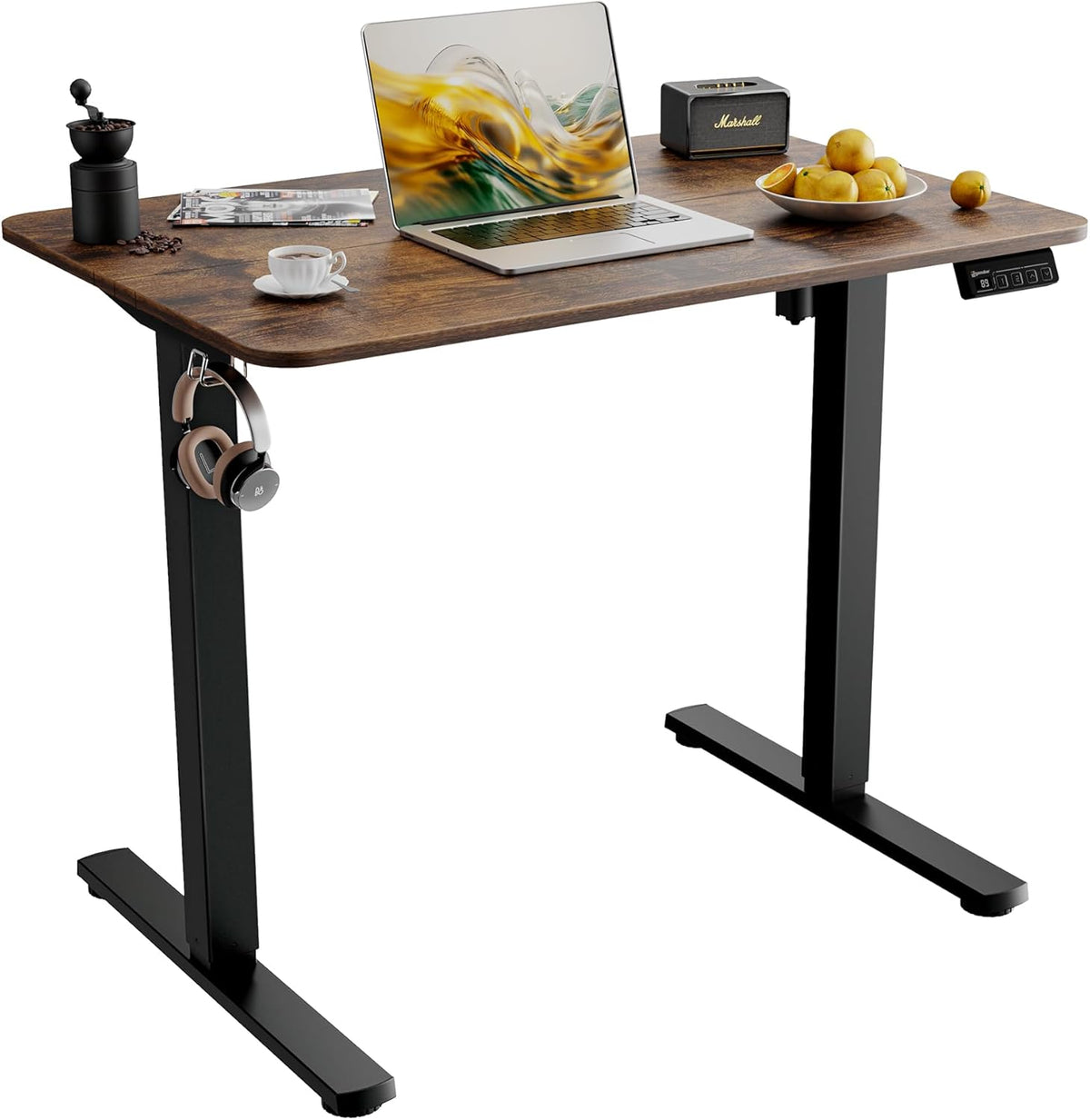 Electric Standing Desk 90x60cm (35.4"x23.6"), Height Adjustable Standing Desk with Splice Board, Sit Stand Desk with Hook and Memory Smart Handset(Black Frame + Rustic Brown Desktop)