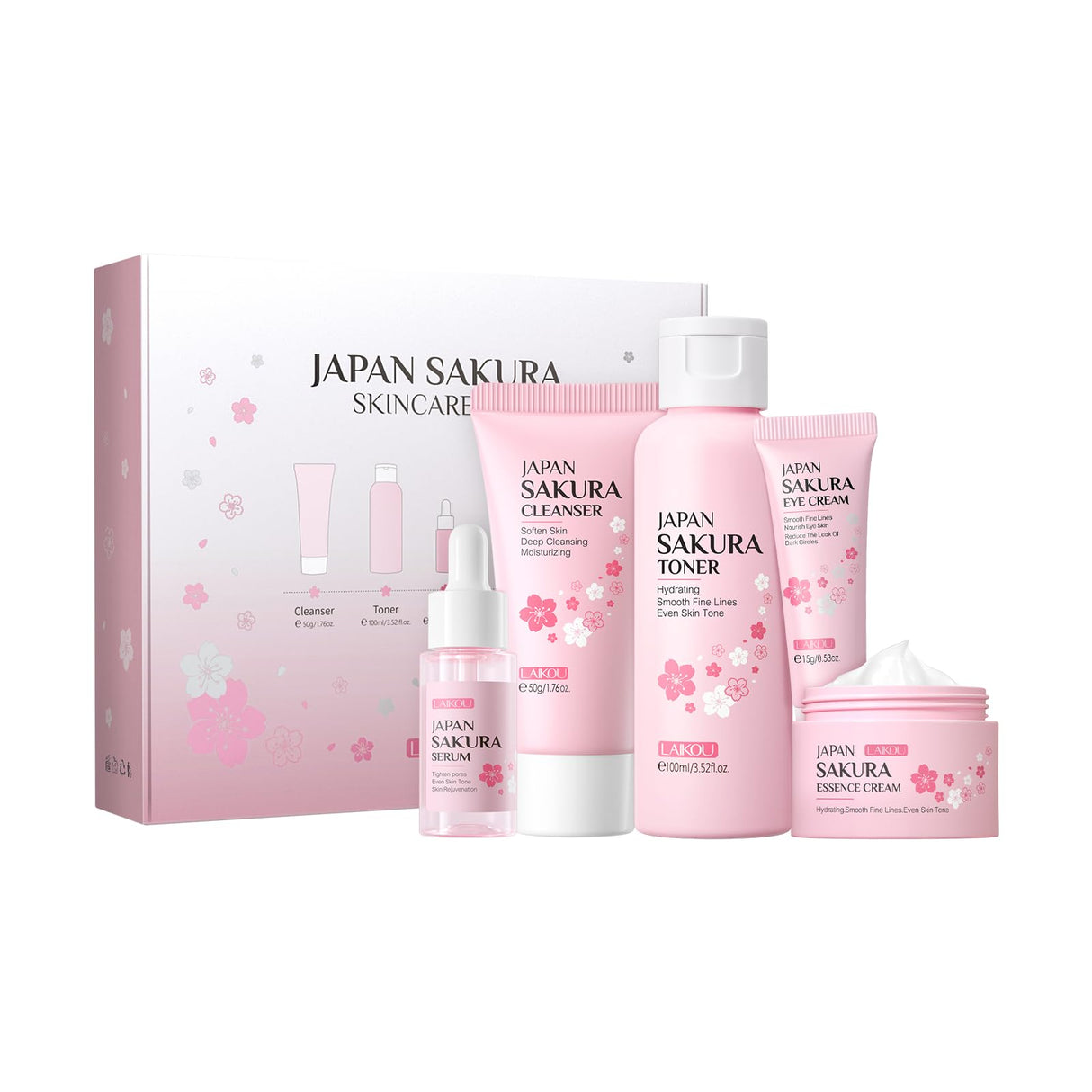 Skin Care Set JAPAN SAKURA Beauty Gift Sets Skin Care Kit with Cleanser, Serum, Eye Cream, Face Cream Travel Kit for Women Mom Wife Teen Girls Gentle Skin Cleaning TSA-friendly Sizes 4pcs