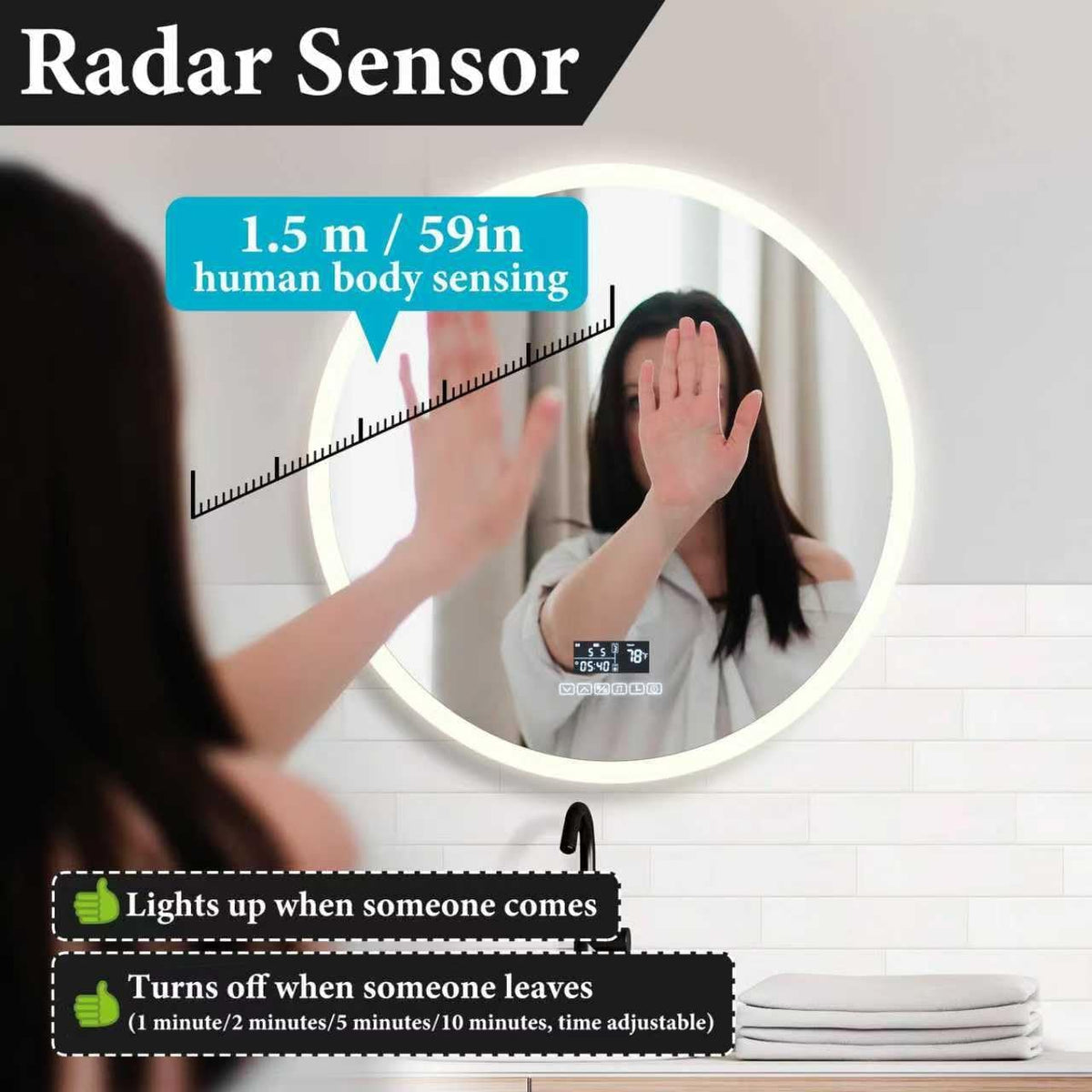 Smart Round LED Bathroom Mirror with Defogger & Audio