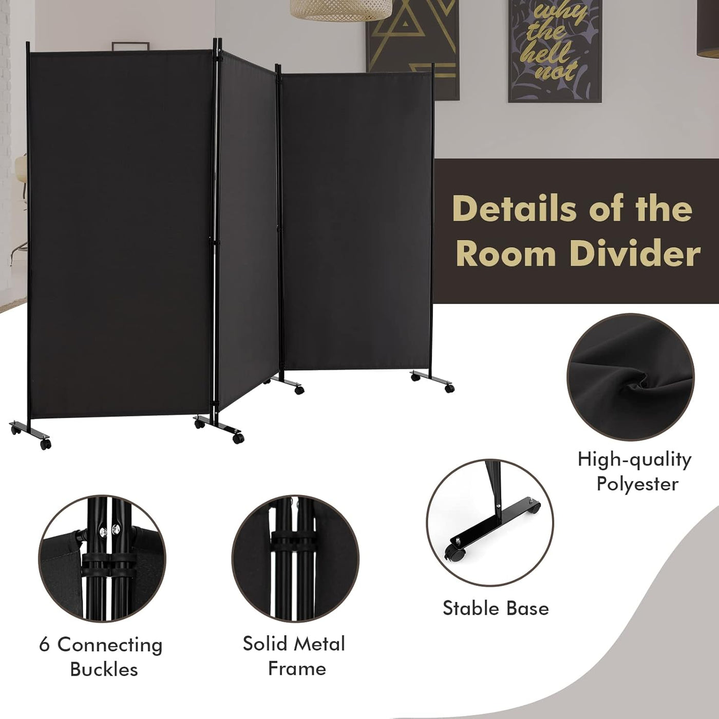 180cm Rolling 3-Panel Room Divider – Black or White Star