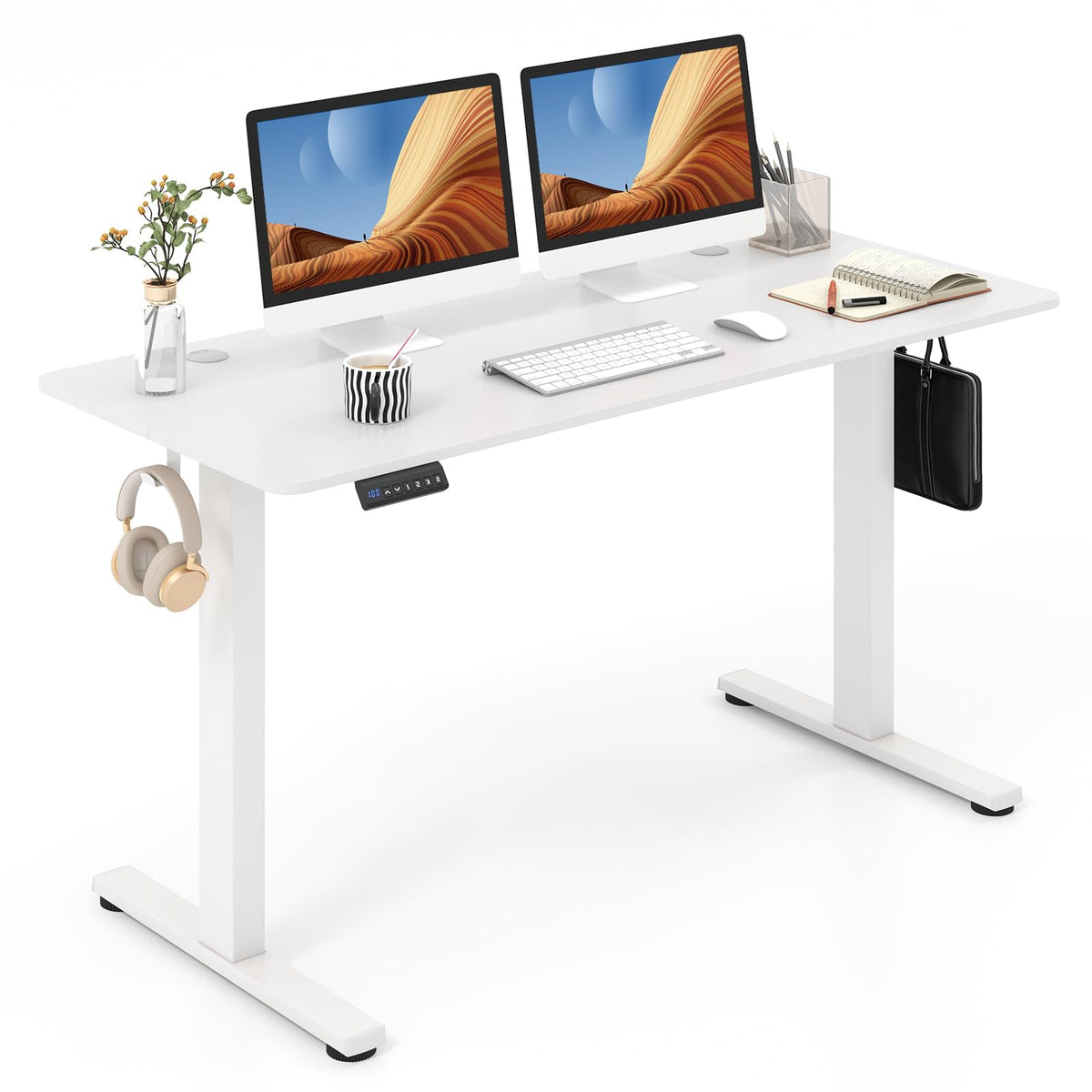 Electric Standing Desk, Sit Stand Home Office Desk with 3 Memory Height Settings, Height Adjustable Computer Desk with 2 Hanging Hooks & Cable Management