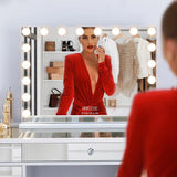 Vanity Smart Mirror with Lights Bluetooth Speaker USB Power Charging Large Hollywood Lighted Mirror with 18 Dimming LED Bulbs for Tabletop/Wall-Mounted