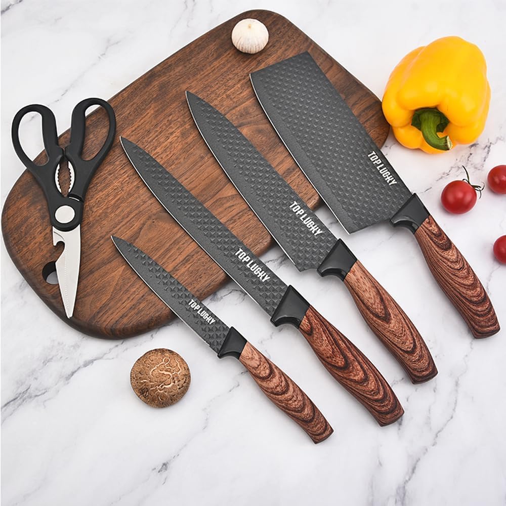 6-Piece Black Stainless-Steel Kitchen Knife Set with Block