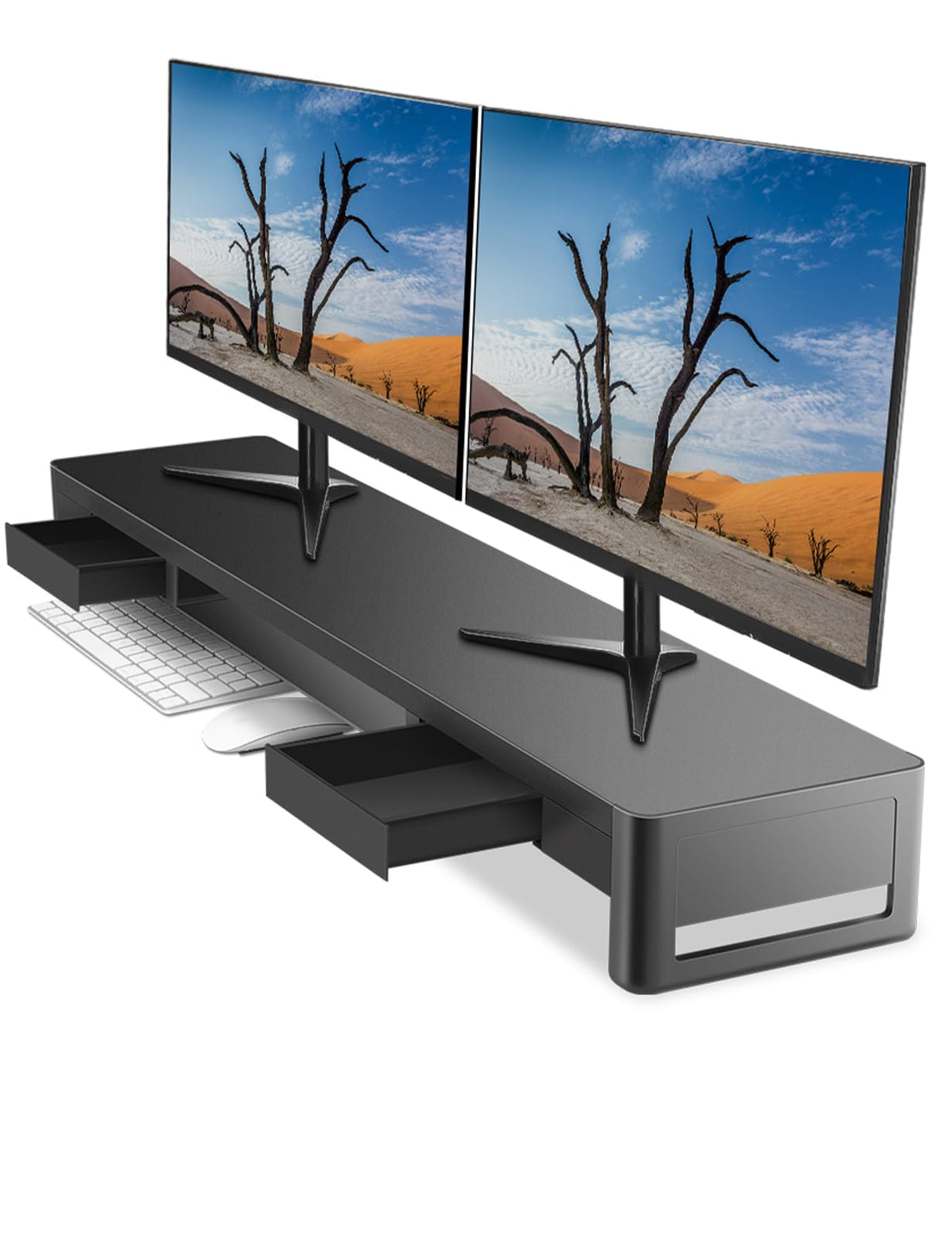 Dual-Monitor Riser with 2 Drawers & Keyboard Storage