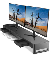 Dual-Monitor Riser with 2 Drawers & Keyboard Storage