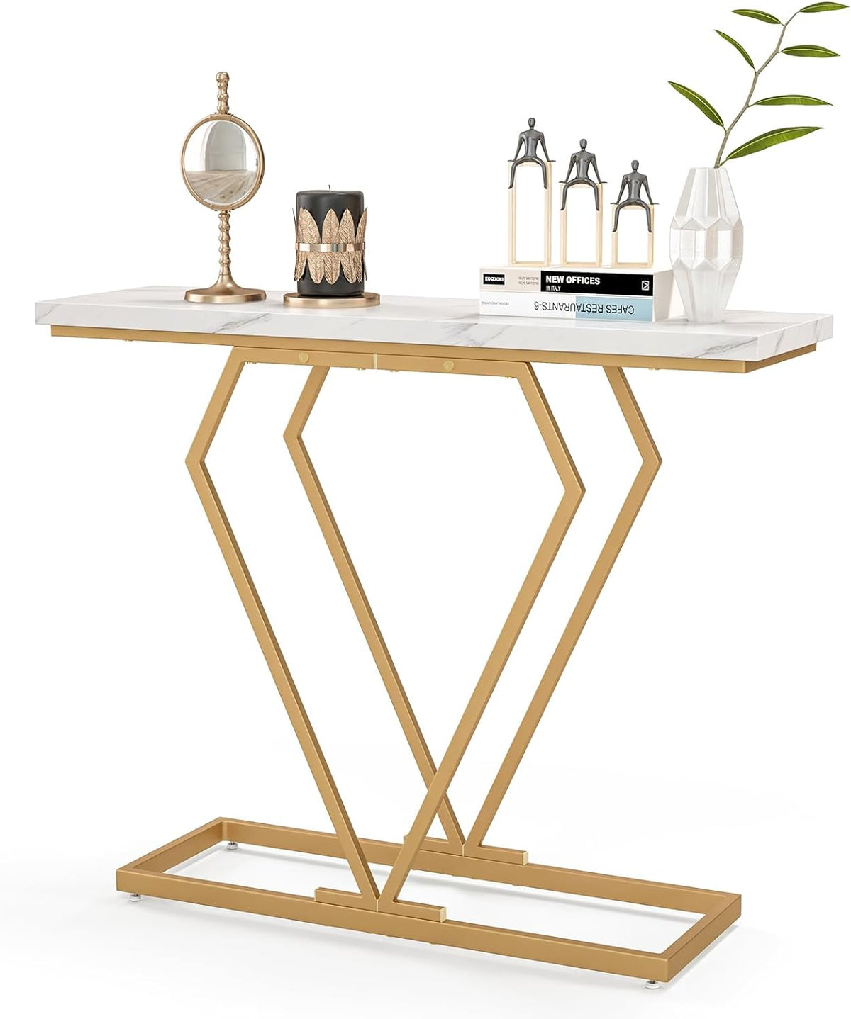 Modern Console Table, Faux Marble Narrow Entryway Table with Diamond Shape Geometric Frame, 100 cm Modern Accent Table with Anti-Tipping Device for Living Room Hallway Entrance, White & Gold