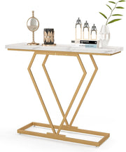 Modern Console Table, Faux Marble Narrow Entryway Table with Diamond Shape Geometric Frame, 100 cm Modern Accent Table with Anti-Tipping Device for Living Room Hallway Entrance, White & Gold