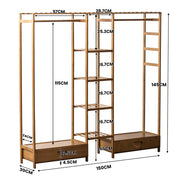 150 cm Bamboo Open Wardrobe with Rail, 7 Shelves & 2 Drawers – Brown