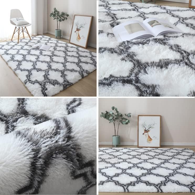 LLarge Area Rugs for Living Room, Ultra Soft Indoor Modern Fluffy Bedroom Carpets, Washable Furry Throw Rugs Area Carpets for Children Bedroom Home Decor Nursery Rug (White/Black, 200 x 300 CM)
