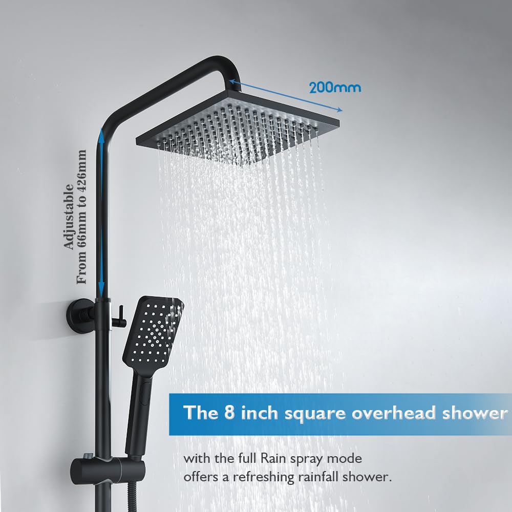 8-Inch Square Black Twin-Hose Shower System