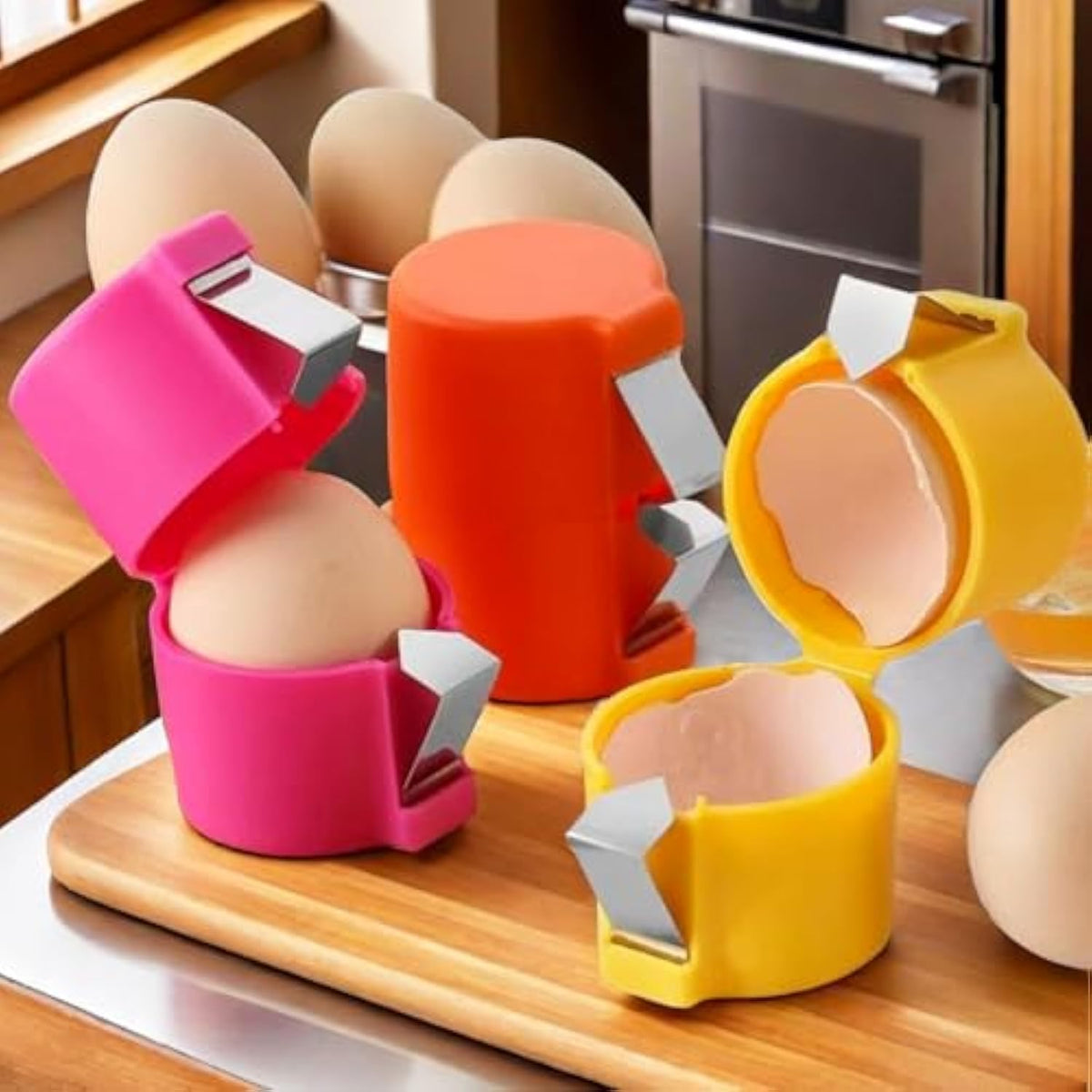 3-Piece Handheld Egg-Opener Set – Yellow, Orange & Pink