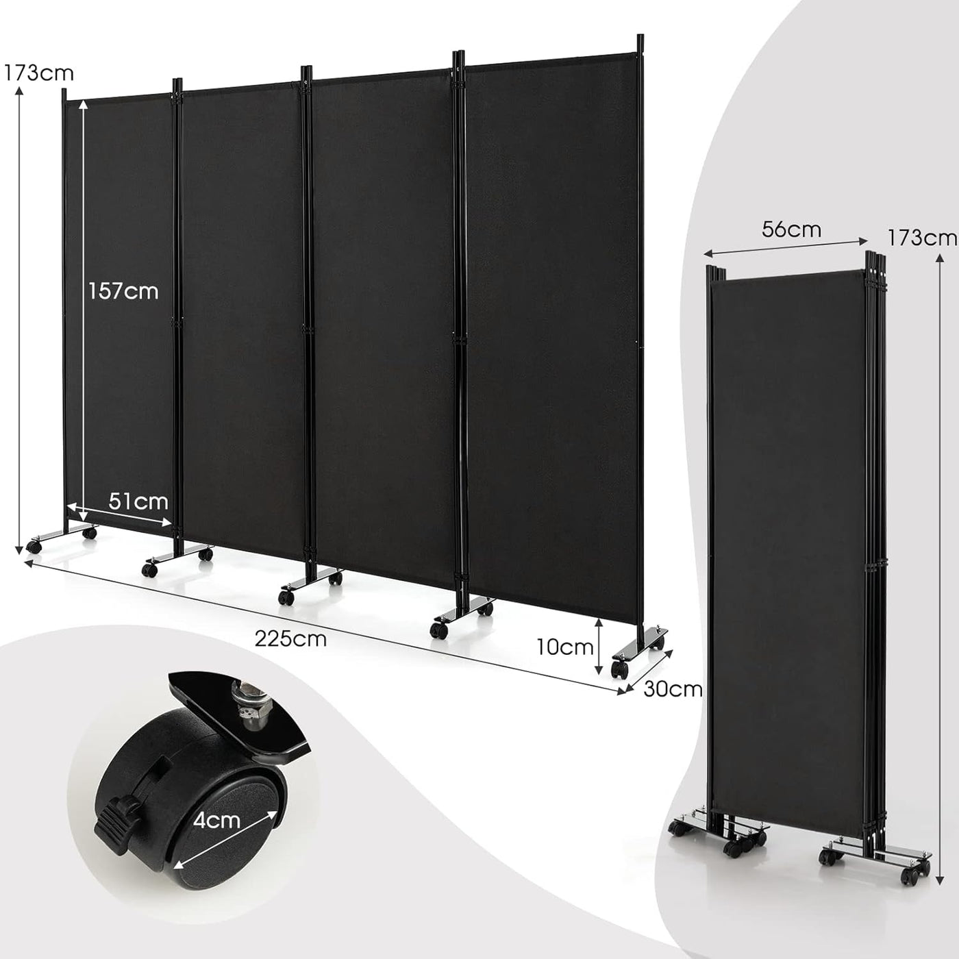 173cm Rolling 4-Panel Room Divider – 4 Colours
