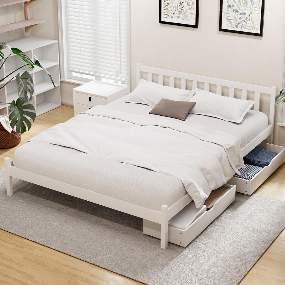 White Pine Platform Bed with Headboard & 2 Storage Drawers – 4 Sizes