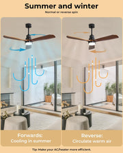 52'' Wood Ceiling Fan DC Motor with LED Light Remote Control 5 Speed 3 Natural Walnut Blades 12.5cm/25cm Down Rod 3 Lighting Color White