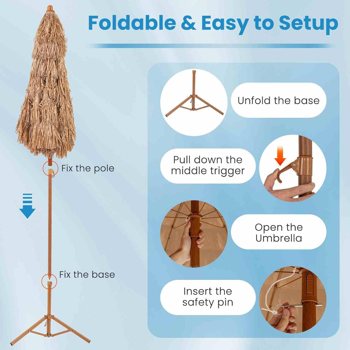 2 m Thatched Tiki Umbrella with Folding Stand & Carry Bag