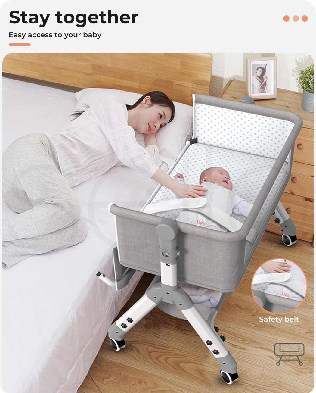 3-in-1 Baby Cot Bed Crib Bedding Set Bassinet Safety Fence Adjustable Beside Rails Babysitter Sleep