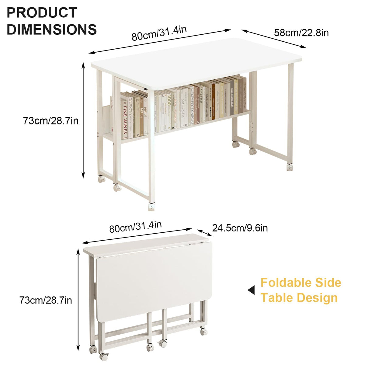 80 cm Foldable Mobile Computer Desk with Shelf