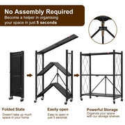 3-Tier Foldable Rolling Storage Shelf – Black