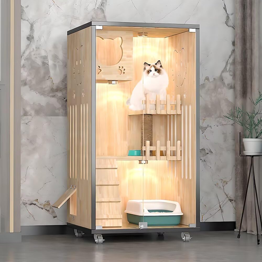 125 cm White Wooden Cat Condo with Wheels & Glass Doors